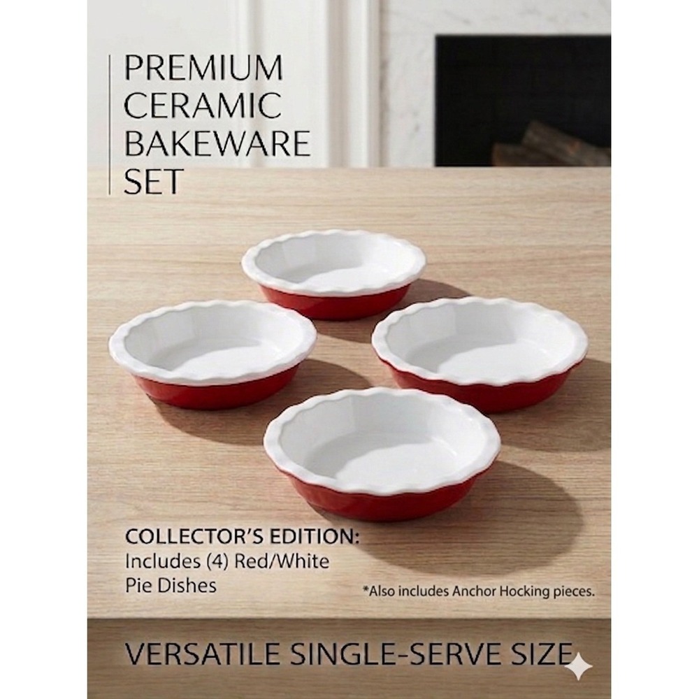 Anchor Hocking 4pc Mini Pie Dish Set 6" Ceramic Red White Bakeware USA‎